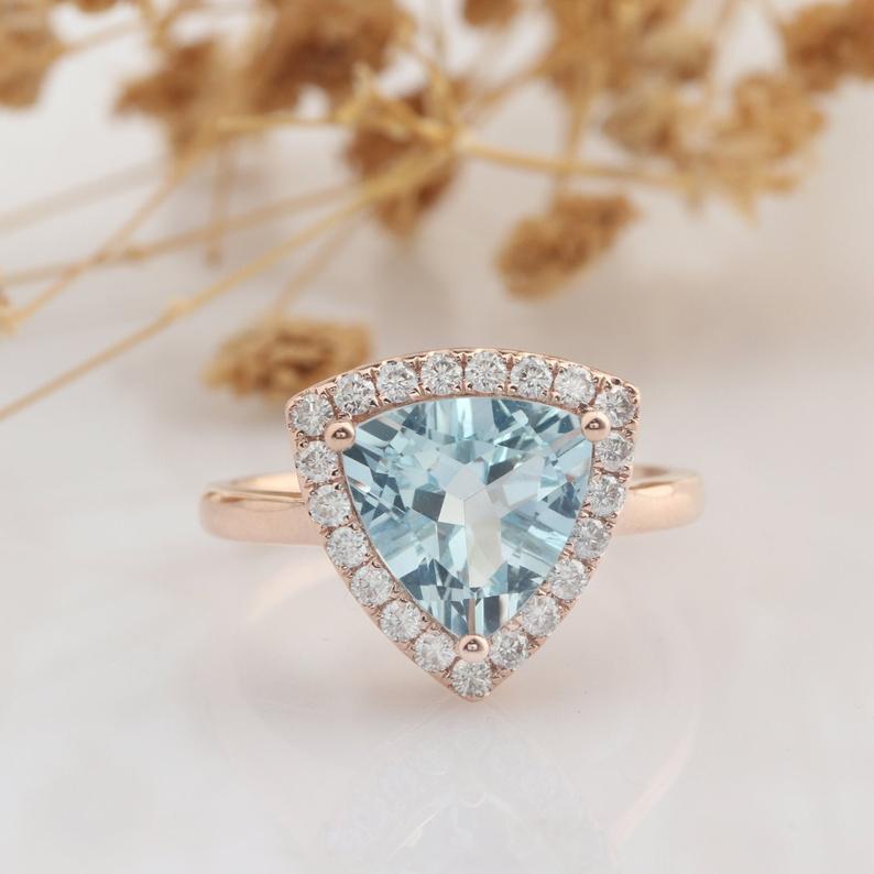 1 CT Trillion Cut Auqamarine Diamond 925 Sterling Silver Halo Engagement Ring