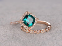 1.25 CT Cushion Cut Emerald Diamond Rose Gold Over On 925 Sterling Silver Halo Bridal Ring Set