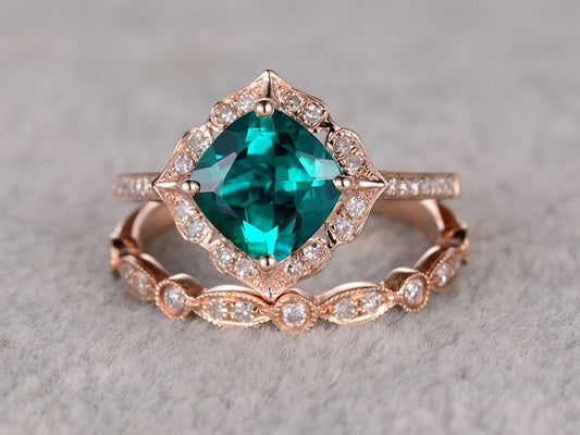 1.25 CT Cushion Cut Emerald Diamond Rose Gold Over On 925 Sterling Silver Halo Bridal Ring Set