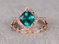 1.25 CT Cushion Cut Emerald Diamond Rose Gold Over On 925 Sterling Silver Halo Bridal Ring Set