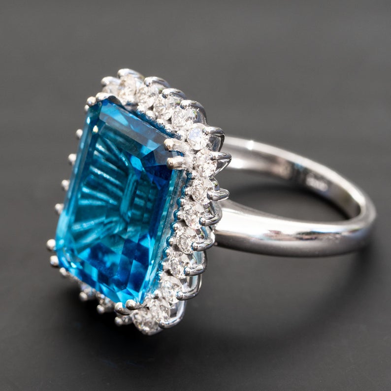 3 CT Emerald Cut Blue Topaz & Diamond 925 Sterling Silver Anniversary Ring For Women