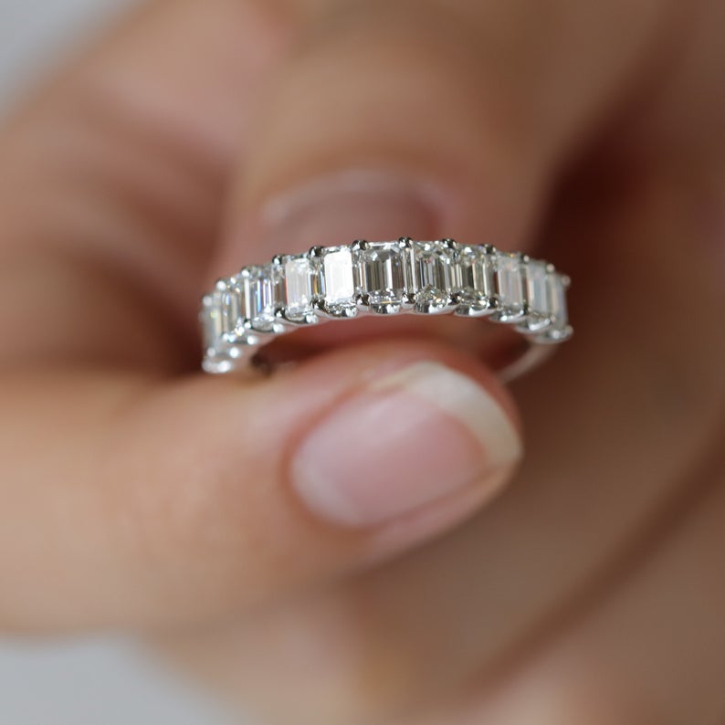 1.7 CT Emerald Cut Diamond 925 Sterling Silver Half Eternity Anniversary gift Ring