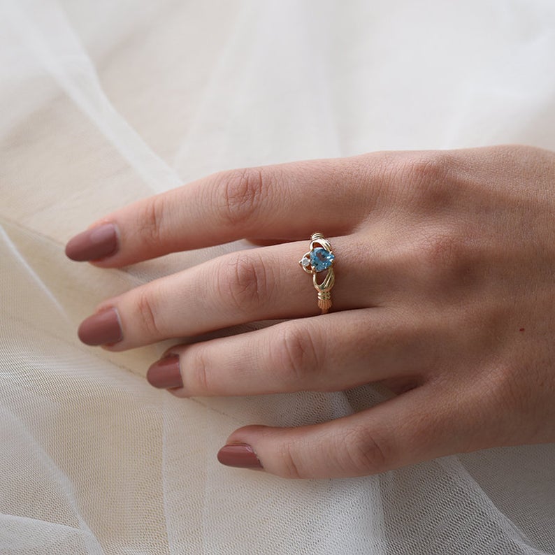 1.20 Ct Heart Cut Blue Topaz Yellow Gold Over On 925 Sterling Silver Promise Gift Ring