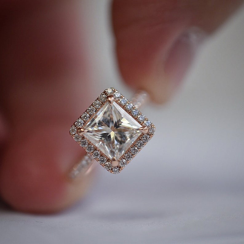 CT Princess Cut Diamond Rose Gold Over On 925 Sterling Silver Women Halo  Promise Ring