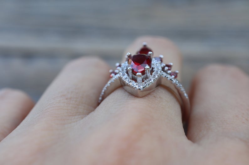 2 CT Pear Cut Garnet Diamond  925 Sterling Silver Halo Bridal Set with Curved Wedding Band Ring