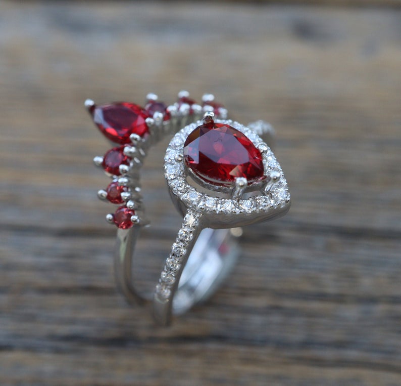 2 CT Pear Cut Garnet Diamond  925 Sterling Silver Halo Bridal Set with Curved Wedding Band Ring
