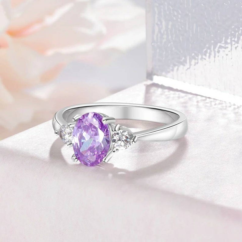 1 CT Oval Cut Amethyst Diamond White Gold Over On 925 Sterling Silver Three Stone promise Ring