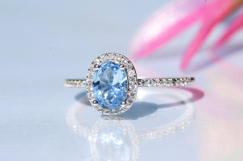 2 CT Oval Cut Aquamarine Diamond 925 Sterling Sliver Anniversary Halo Ring