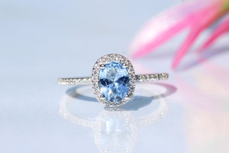 2 CT Oval Cut Aquamarine Diamond 925 Sterling Sliver Anniversary Halo Ring