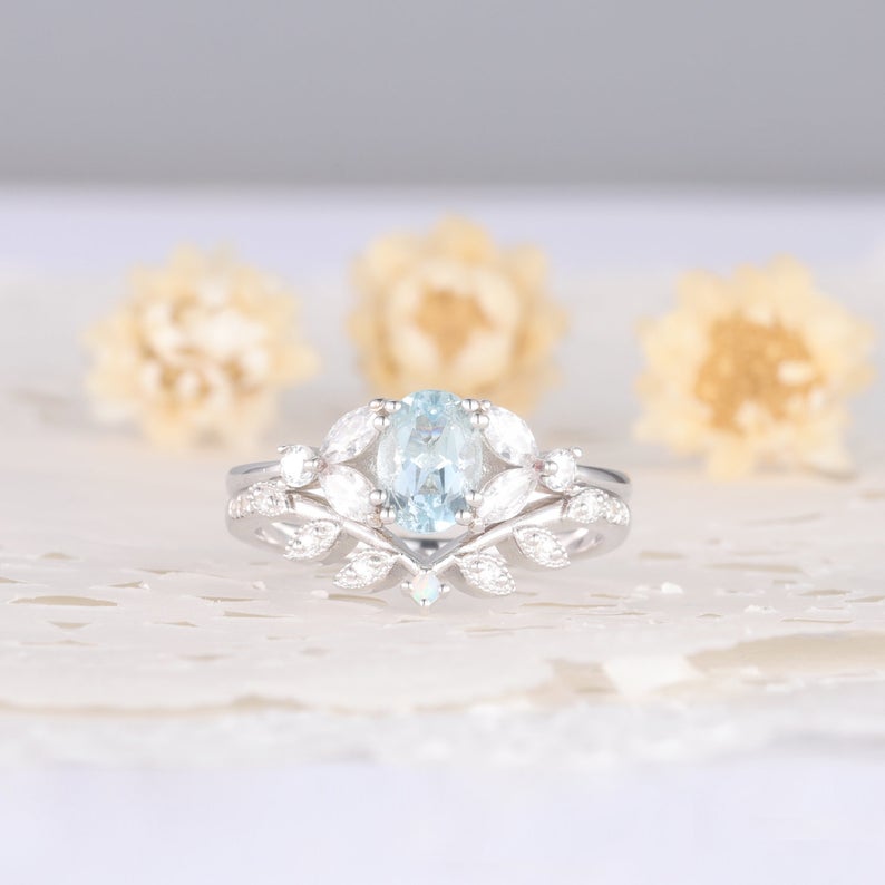 1 CT Oval Cut Aquamarine White Gold Over On 925 Sterling Silver Women Bridal Ring Set