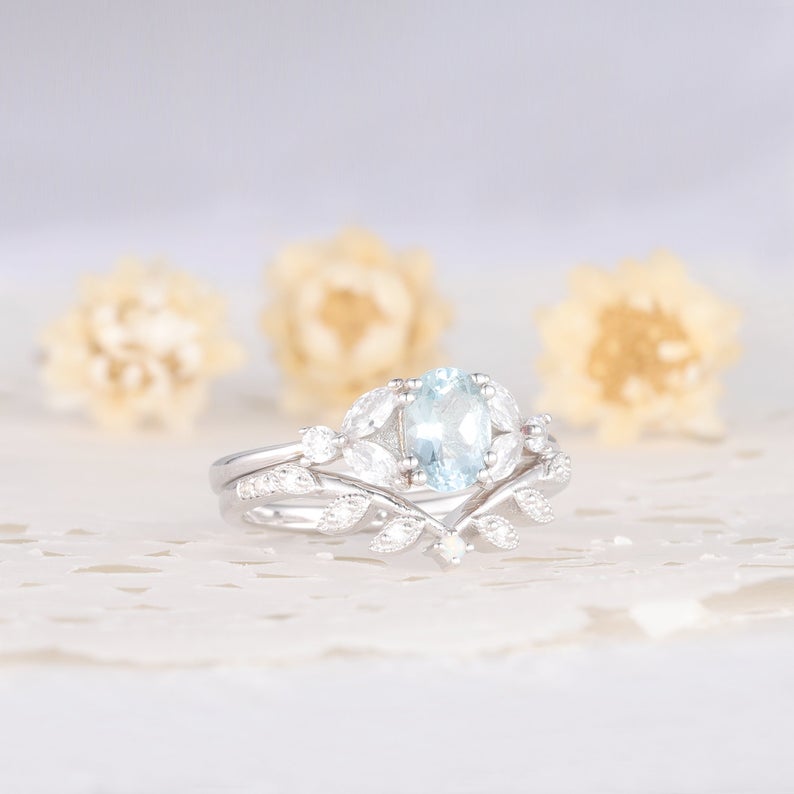 1 CT Oval Cut Aquamarine White Gold Over On 925 Sterling Silver Women Bridal Ring Set