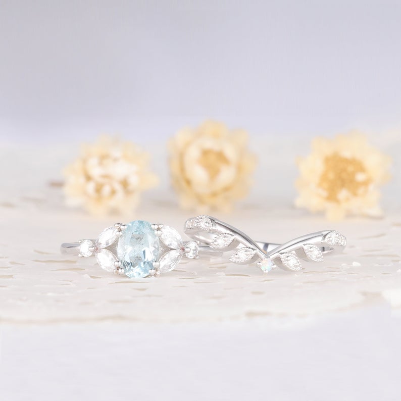 1 CT Oval Cut Aquamarine White Gold Over On 925 Sterling Silver Women Bridal Ring Set