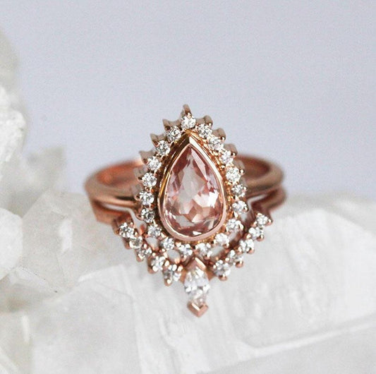 2 CT Pear Cut Morganite Diamond 925 Sterling Silver Engagement Halo Women Bridal Ring Set