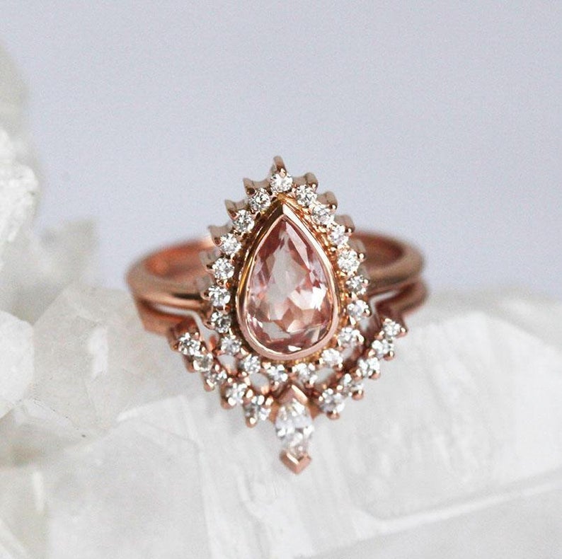 1 CT Pear Cut Morganite Diamond 925 Sterling Silver Halo Women Wedding Bridal Ring Set