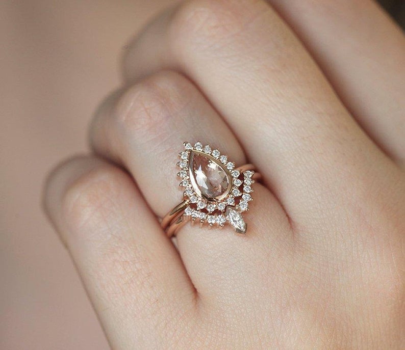 1 CT Pear Cut Morganite Diamond 925 Sterling Silver Halo Women Wedding Bridal Ring Set