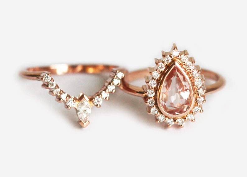 1 CT Pear Cut Morganite Diamond 925 Sterling Silver Halo Women Wedding Bridal Ring Set
