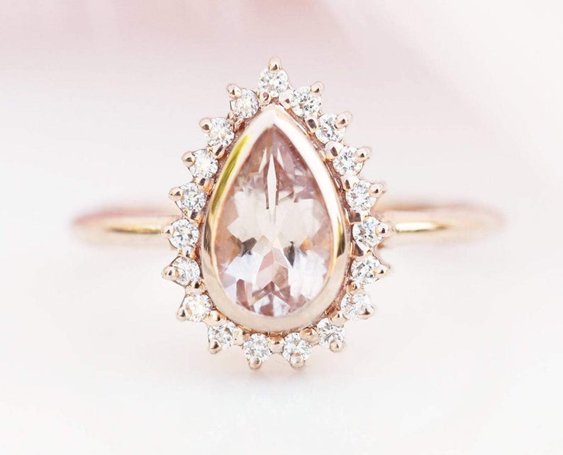 1 CT Pear Cut Morganite Diamond 925 Sterling Silver Halo Women Wedding Bridal Ring Set