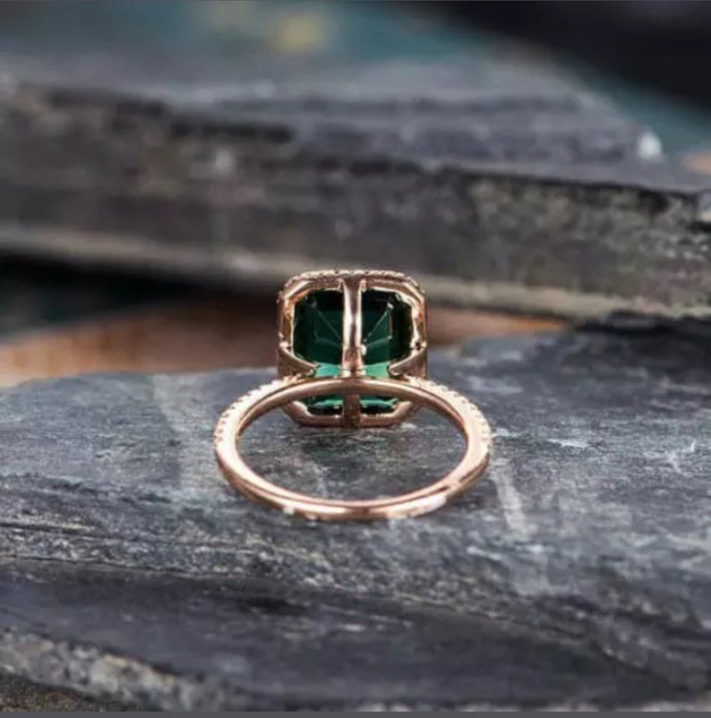 2.30 Ct Emerald Cut Green Emerald Rose Gold Over On 925 Sterling Silver Halo Engagement Ring