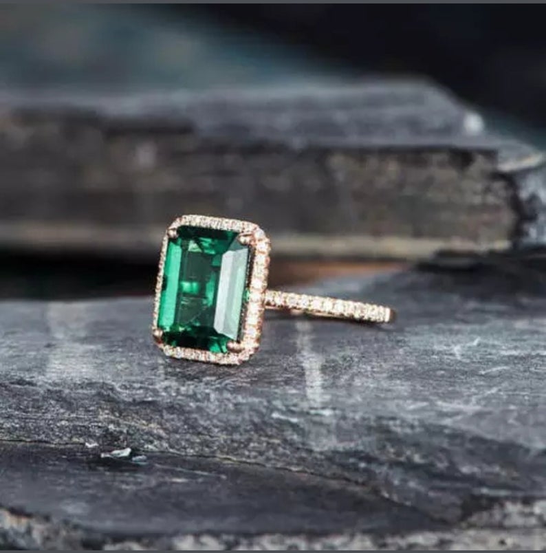 2.30 Ct Emerald Cut Green Emerald Rose Gold Over On 925 Sterling Silver Halo Engagement Ring