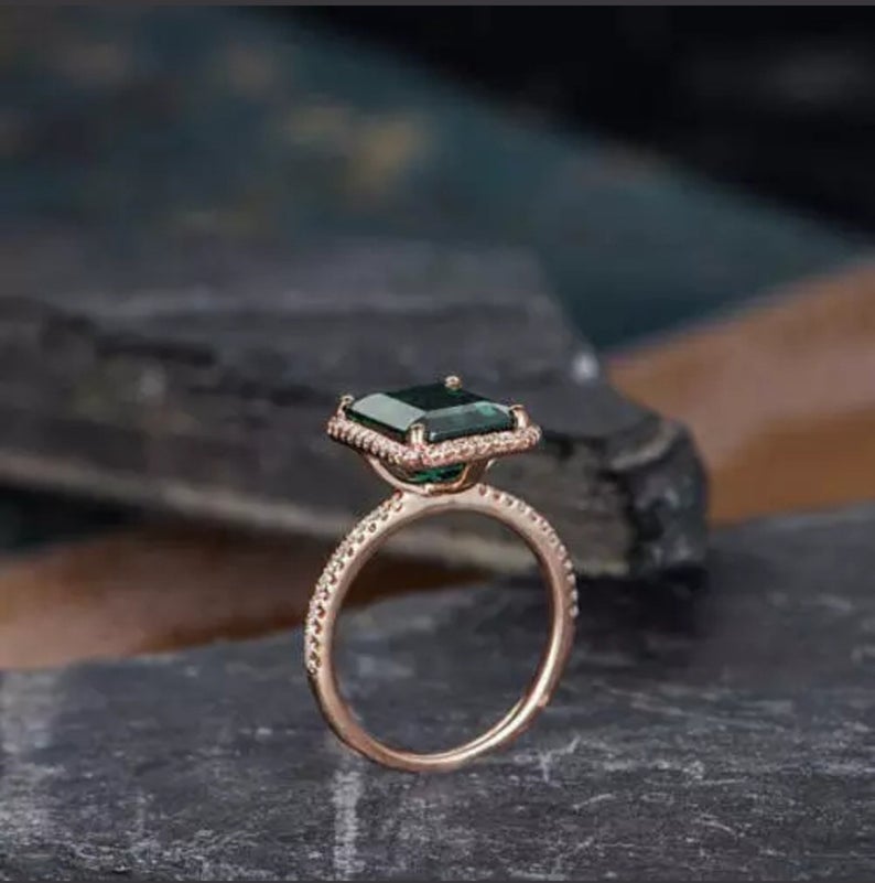 2.30 Ct Emerald Cut Green Emerald Rose Gold Over On 925 Sterling Silver Halo Engagement Ring