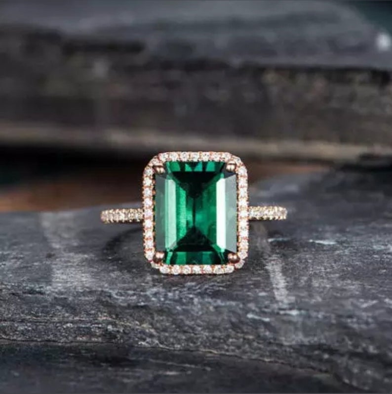 2.30 Ct Emerald Cut Green Emerald Rose Gold Over On 925 Sterling Silver Halo Engagement Ring