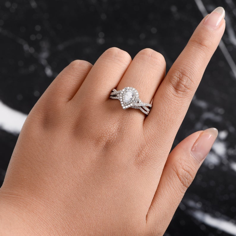 1 CT Pear & Round Cut White Diamond White Gold Over On 925 Sterling Silver Bridal Ring Set Gift for Her