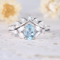 1 CT Oval Cut Aquamarine White Gold Over On 925 Sterling Silver Women Bridal Ring Set