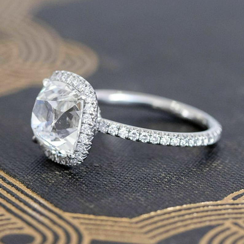 2 CT Cushion Cut Diamond 925 Sterling Silver Halo Engagement Ring