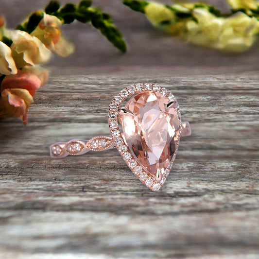 2 CT Pear Cut Pink Morganite Diamond Rose Gold Over On 925 Sterling Silver Halo Anniversary Ring