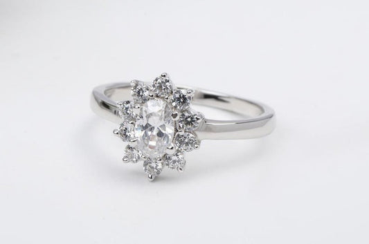 1.5 CT Oval Cut Diamond White Gold Over On 925 Sterling Silver Halo Wedding Ring