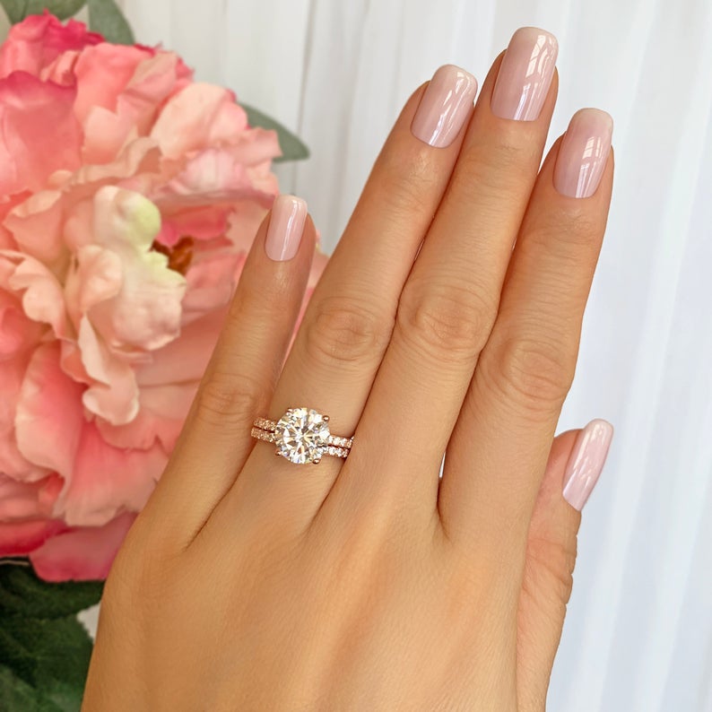 2 CT Round Cut Diamond Rose Gold Over On 925 Sterling Silver Accented Solitaire Bridal Set