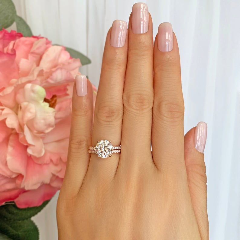 2 CT Round Cut Diamond Rose Gold Over On 925 Sterling Silver Accented Solitaire Bridal Set