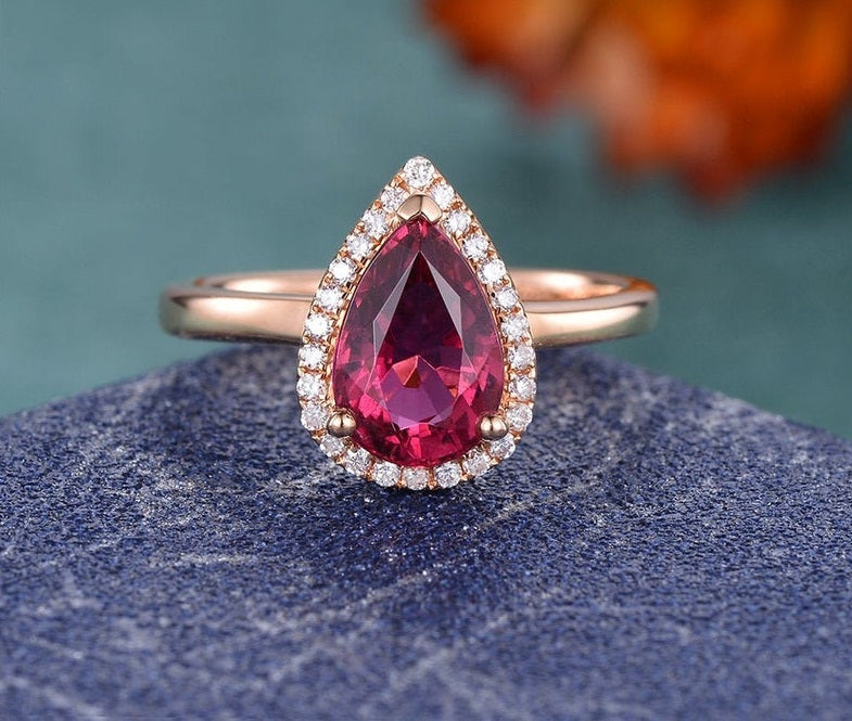 1.75 Ct Pear Cut Red Ruby Rose Gold Over On 925 Sterling Silver Halo Anniversary Gift Ring