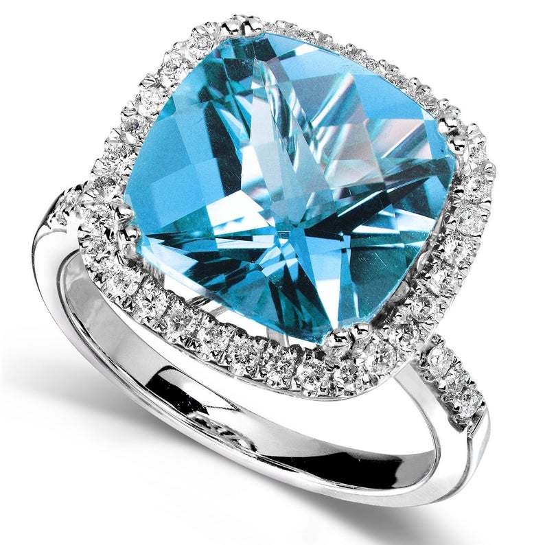 2 CT Cushion Cut Blue Topaz Diamond 925 Sterling Silver Halo Engagement Ring