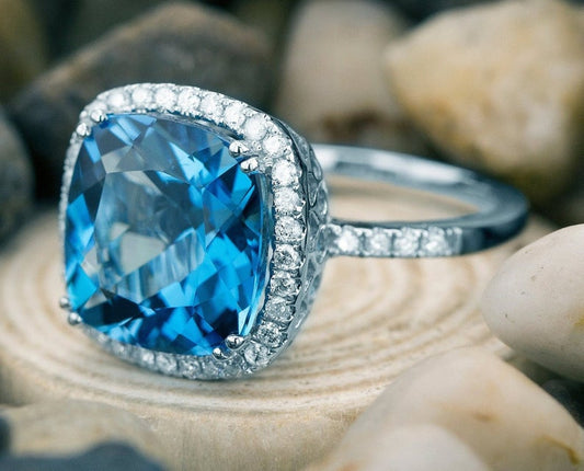 2 CT Cushion Cut Blue Topaz Diamond 925 Sterling Silver Halo Engagement Ring
