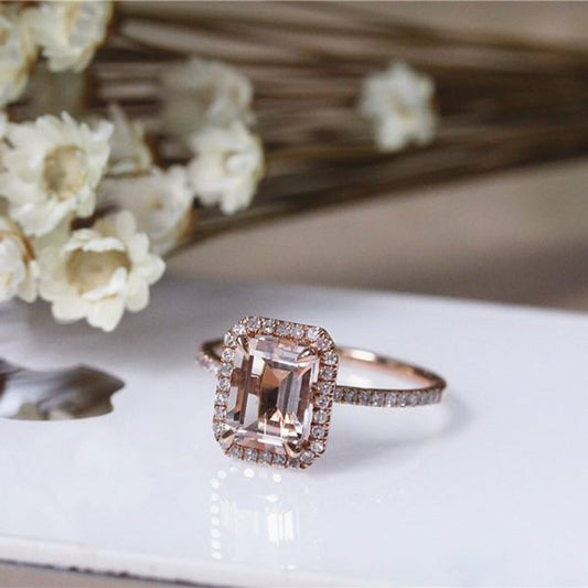 1.2 CT Emerald Cut Morganite Diamond 925 Sterling Silver Halo Women's Wedding Ring