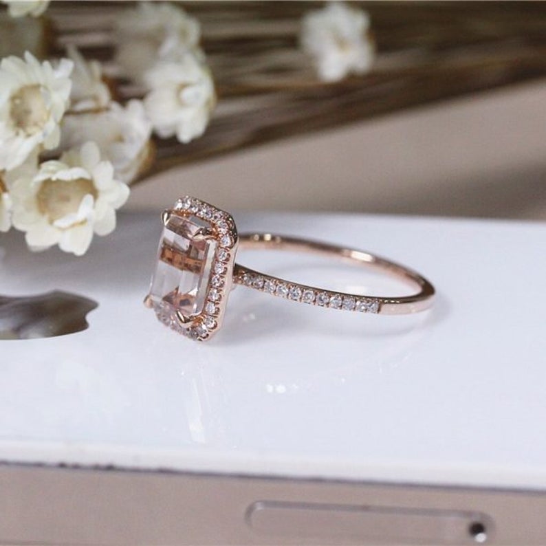 1.2 CT Emerald Cut Morganite Diamond 925 Sterling Silver Halo Women's Wedding Ring