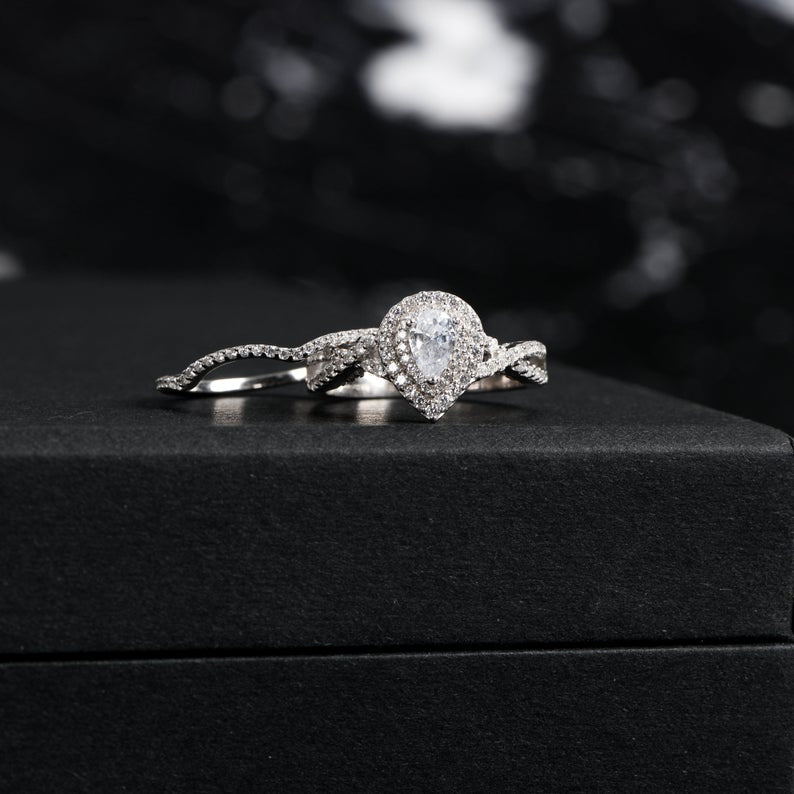 1 CT Pear & Round Cut White Diamond White Gold Over On 925 Sterling Silver Bridal Ring Set Gift for Her