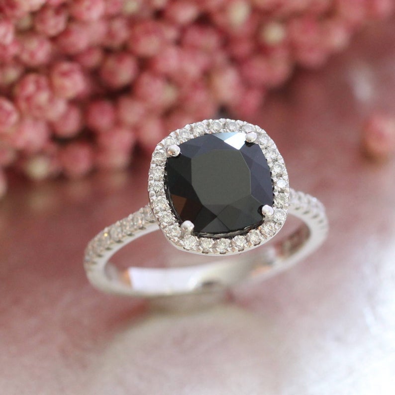2 CT Cushion Cut Black Diamond 925 Sterling Silver Halo Engagement Ring