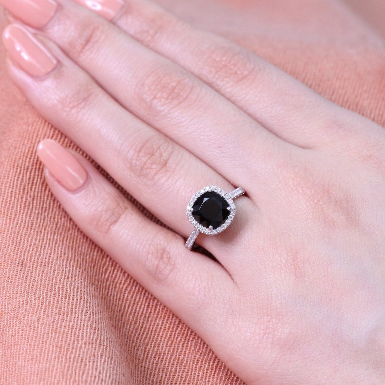 2 CT Cushion Cut Black Diamond 925 Sterling Silver Halo Engagement Ring
