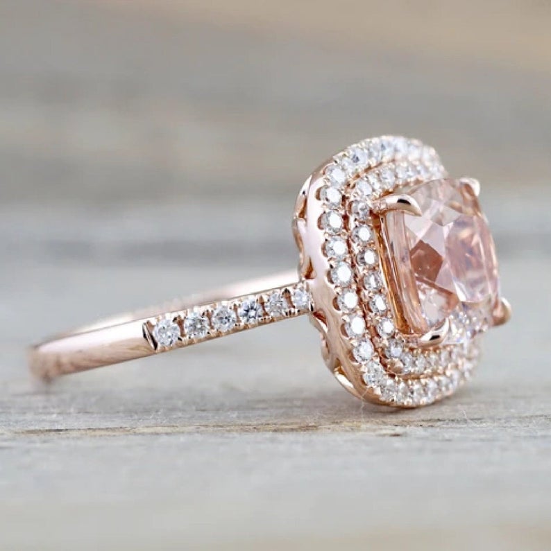 2 CT Cushion Cut Morganite Diamond 925 Sterling Silver Double Halo Women Wedding Ring