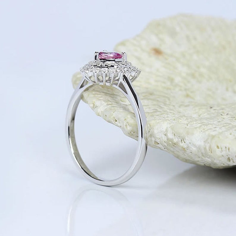 1 CT Heart Cut Pink Sapphire Diamond White Gold Over On 925 Sterling Silver Double Halo Engagement Ring