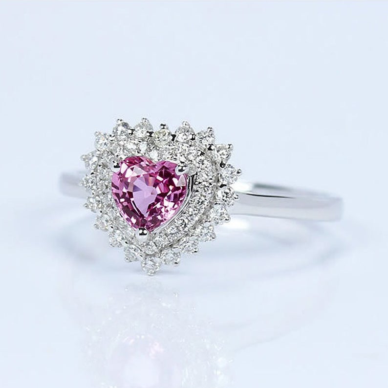 1 CT Heart Cut Pink Sapphire Diamond 925 Sterling Silver Double Halo Wedding Ring