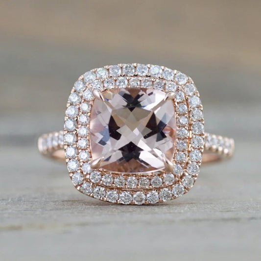 1 CT Cushion Cut Morganite Diamond Rose Gold Over On 925 Sterling Silver Double Halo Wedding Ring