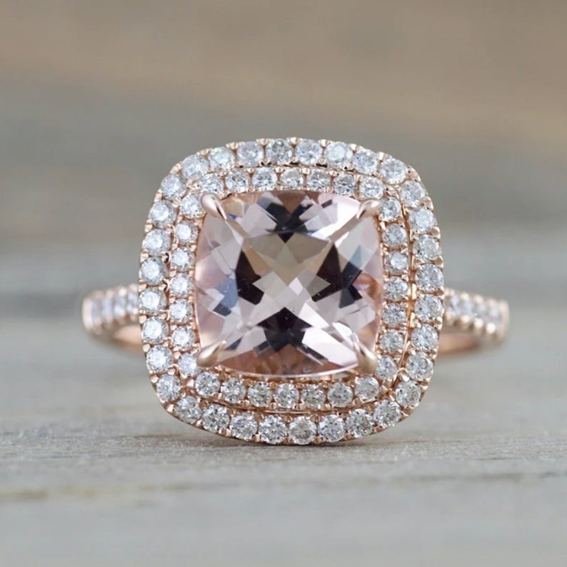 1 CT Cushion Cut Morganite Diamond Rose Gold Over On 925 Sterling Silver Double Halo Wedding Ring