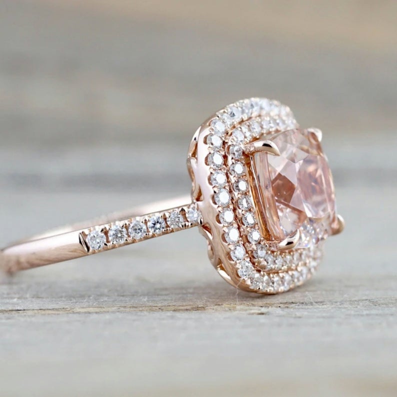 1 CT Cushion Cut Morganite Diamond Rose Gold Over On 925 Sterling Silver Double Halo Wedding Ring