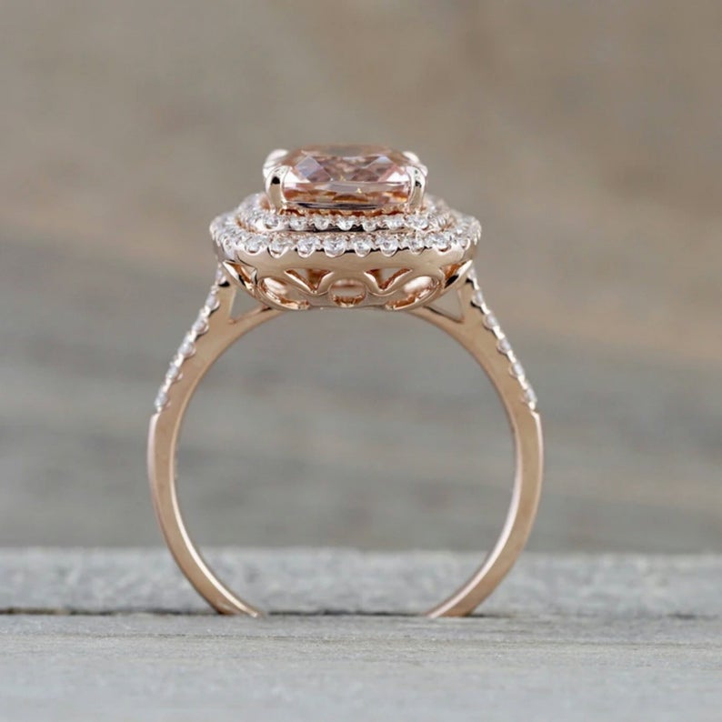 1 CT Cushion Cut Morganite Diamond Rose Gold Over On 925 Sterling Silver Double Halo Wedding Ring