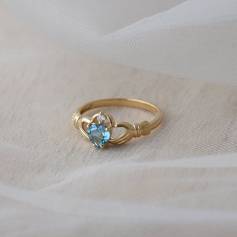 1.20 Ct Heart Cut Blue Topaz Yellow Gold Over On 925 Sterling Silver Promise Gift Ring