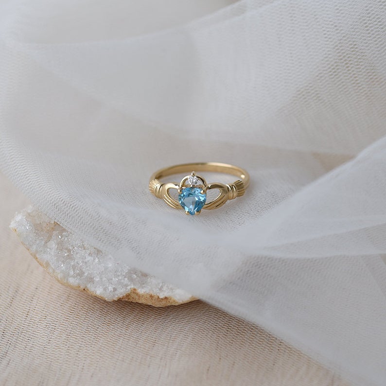 1.20 Ct Heart Cut Blue Topaz Yellow Gold Over On 925 Sterling Silver Promise Gift Ring