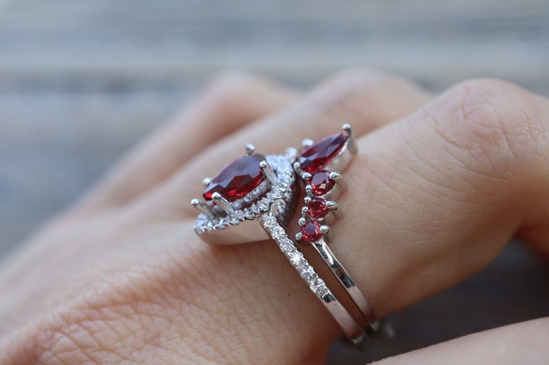 2 CT Pear Cut Garnet Diamond  925 Sterling Silver Halo Bridal Set with Curved Wedding Band Ring
